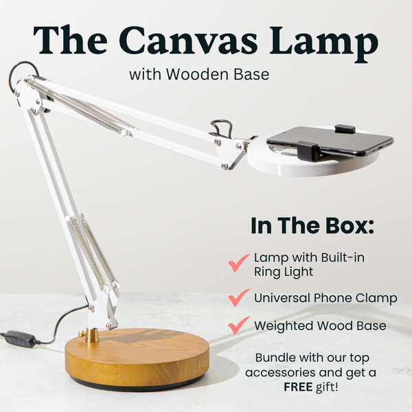 White Canvas Lamp with Weighted Wooden Base w/ Ash Wood Base